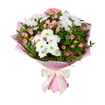 Букет «Волшебный сад» – гармония кустовых роз и белоснежных хризантем Рязань Рязанская область