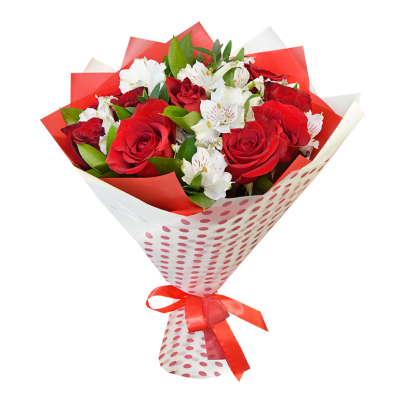 Букет из красных роз и белоснежных альстромерий – гармония страсти и нежности Рязань Рязанская область