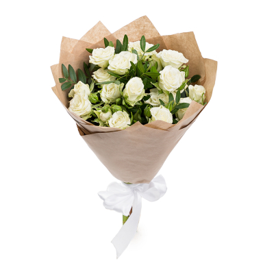Изысканный букет из 5 белых кустовых роз с фисташковой зеленью Рязань Рязанская область