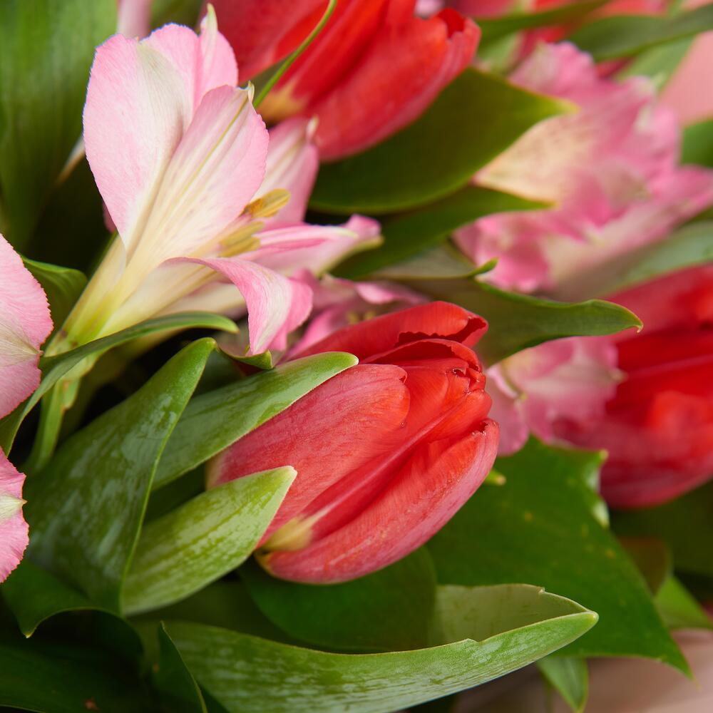 Букет «Первый поцелуй» красных тюльпанов и розовых альстромерий Рязань Рязанская область