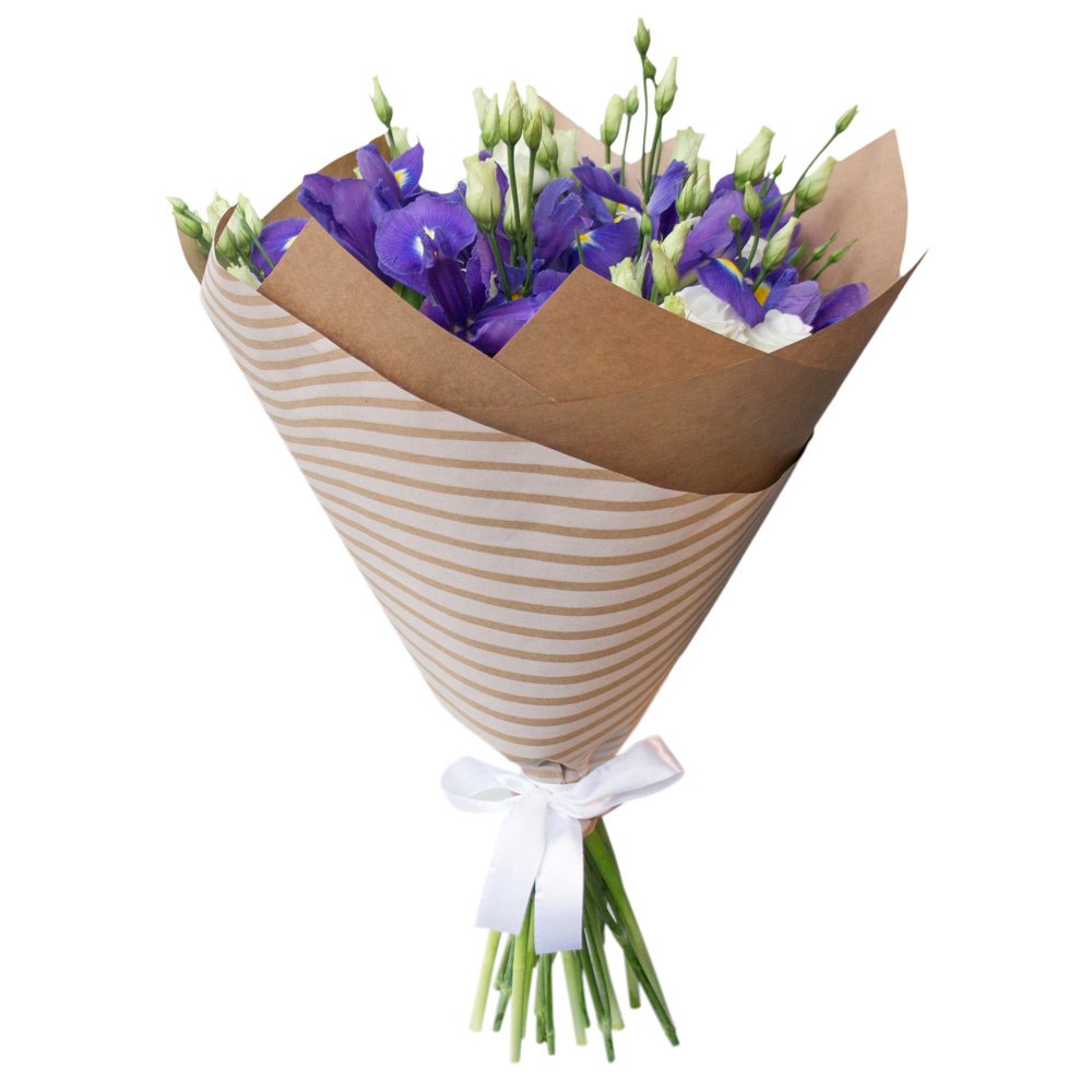 Изысканный букет из синих ирисов и белых эустом – гармония утонченности Рязань Рязанская область