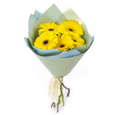Яркий букет из 5 жёлтых гербер – как кусочек солнца в ваших руках Рязань Рязанская область