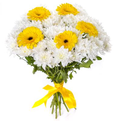 Солнечный букет из желтых гербер и белых хризантем – радость в каждом лепестке Рязань Рязанская область