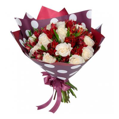 Букет из белых роз и красных альстромерий – гармония страсти и чистоты Рязань Рязанская область