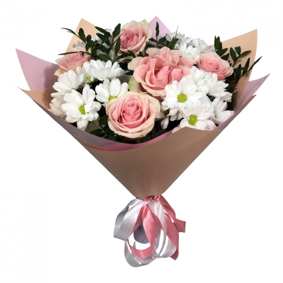 Букет из розовых роз и хризантем – нежность и долговечность Рязань Рязанская область