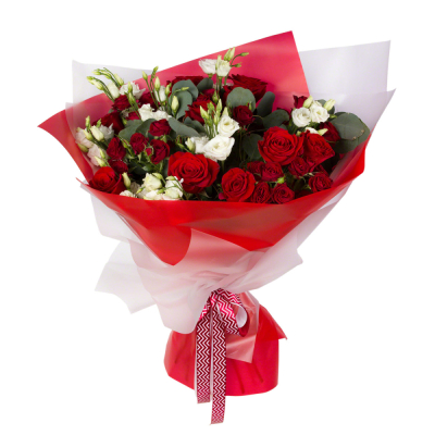 Контрастный букет «Рандеву» – красные розы и белые эустомы Рязань Рязанская область